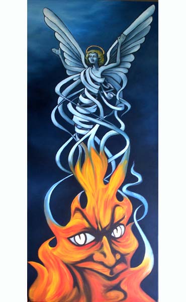 H&H Heaven and Hell. 2008. A literal interpretation of the notion of good and evil as intrinsically linked, defining each other, yet with the hope that evil can be sublimated and give rise to good. oil and gold leaf on canvas, 40x100x4cm £625.
