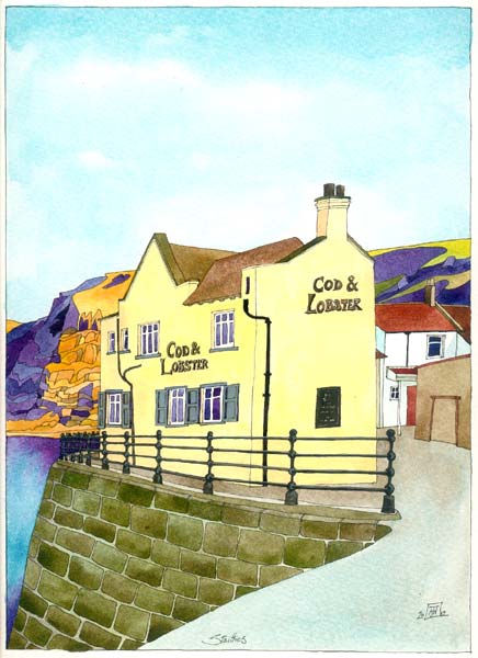 53CnL Cod & Lobster, Staithes. acrylic inks and gouache on watercolour paper, 21x29cm