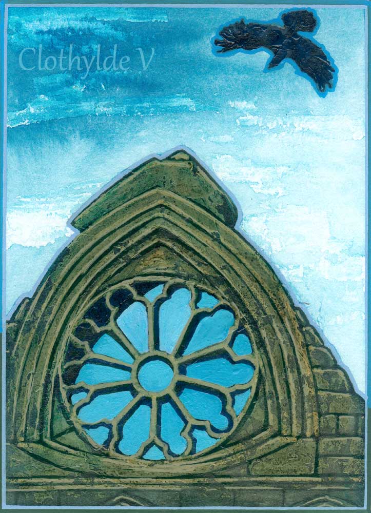 Whitby Abbey Crow. mixed media. 13.8x19cm, approx 5x7