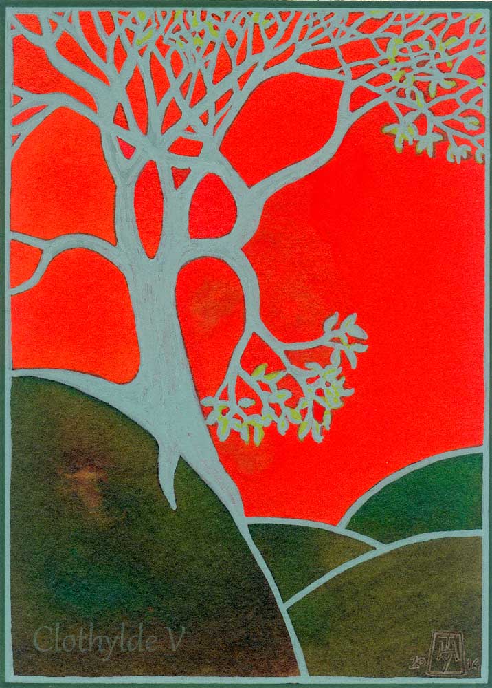 Tree on Red. Acrylic markers and acrylic inks. 14x19.2cm/ approx 8x12