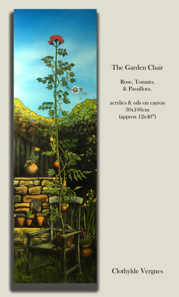 a rose growing through a garden chair, with a tomato plant on the chair, and passiflora climbing up from below.