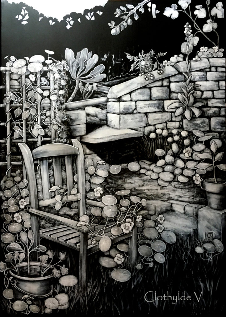 A black and white painting of a corner of my little garden. Nasturtium growing through and over a garden chair, near a low drystone wall. 